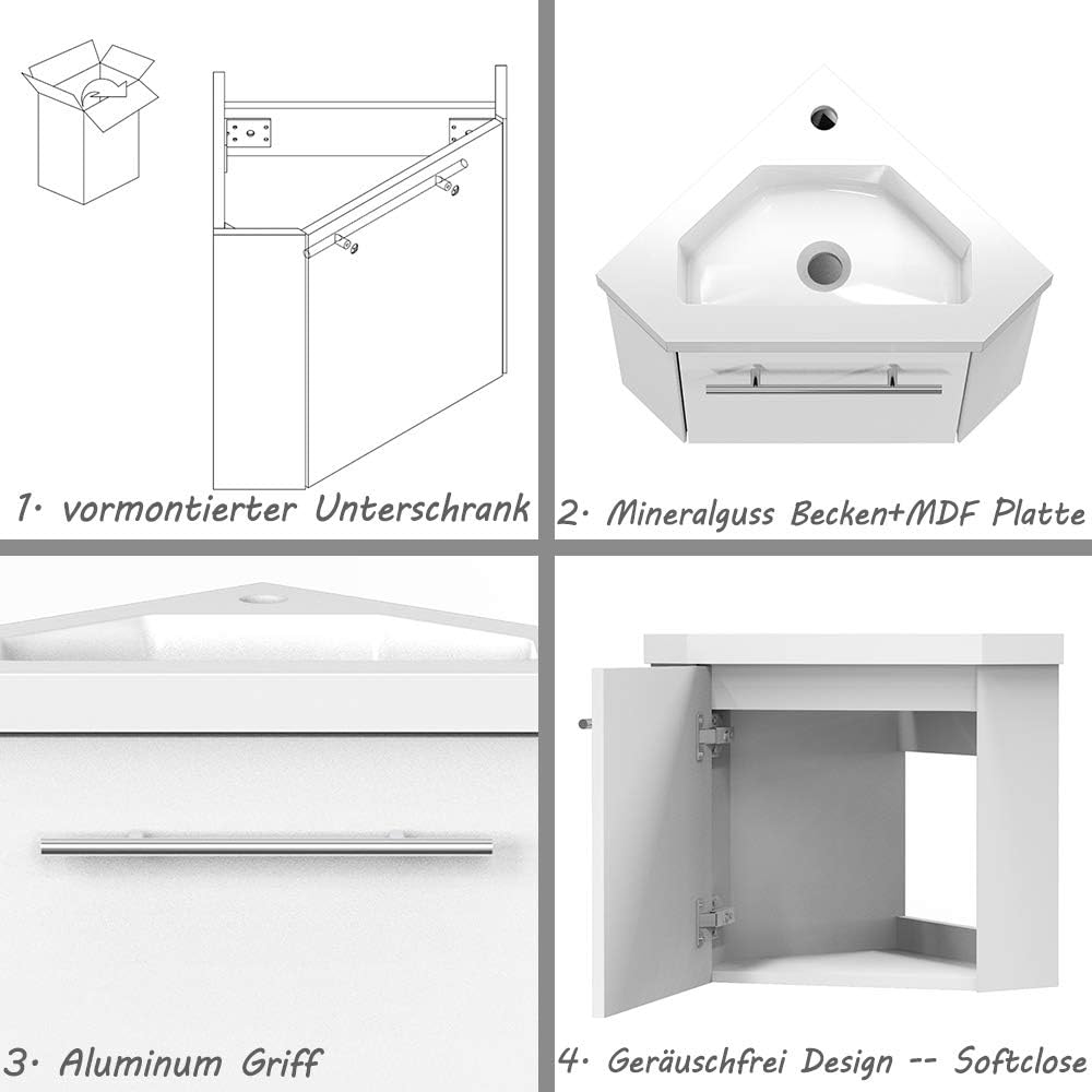 Aica Sanitär Eckwaschtisch 40 cm Eckschrank Vormontieren Waschbecken mit Unterschrank Waschtisch kle