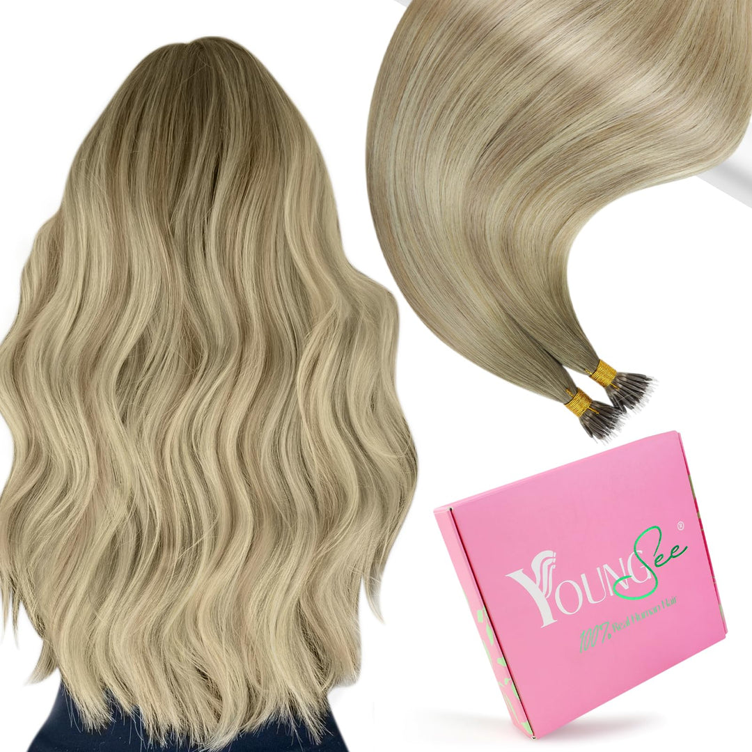 YoungSee Echthaar Extensions Nanoring Blond 55CM Nanoring Extensions Echthaar Dunkel Aschblond mit P