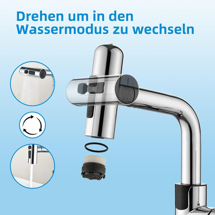 Wasserhahn Bad Mynaiad mit LED-Temperaturanzeige Badarmatur, Brause Ausziehbar, Badarmatur 360° Schw