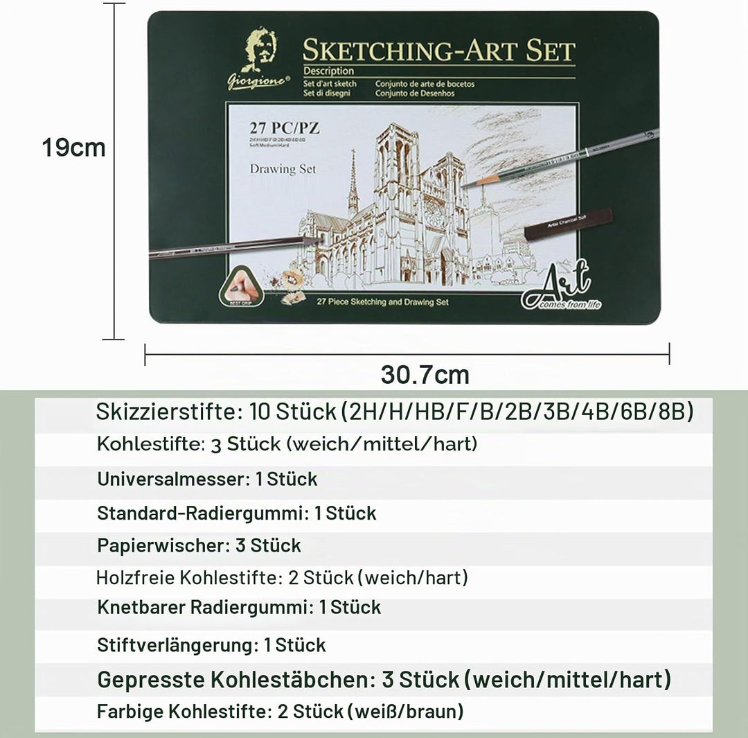 Professionelles Skizzen-Zeichenset 27 Stück, Inkl. Bleistifte 2H-8B, Kohle, Zeichenkohle & Zubehör f