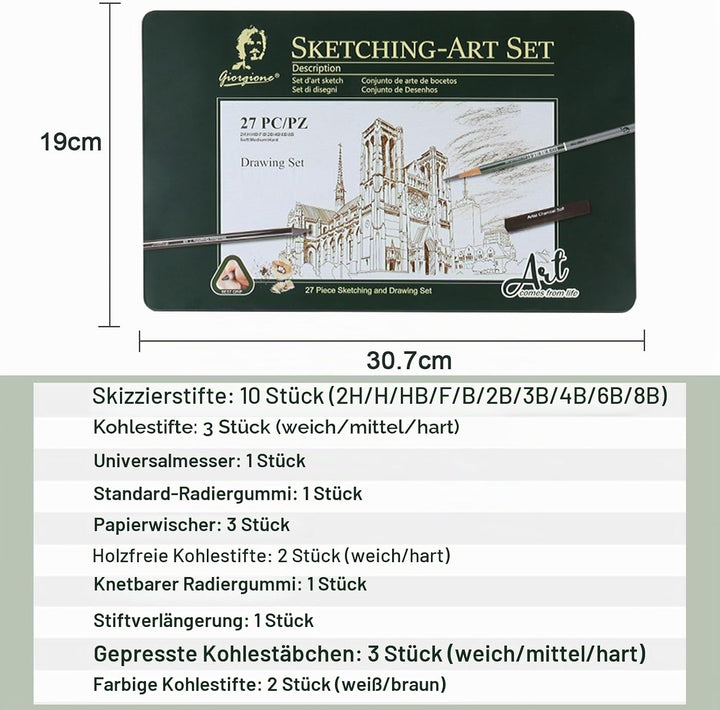 Professionelles Skizzen-Zeichenset 27 Stück, Inkl. Bleistifte 2H-8B, Kohle, Zeichenkohle & Zubehör f