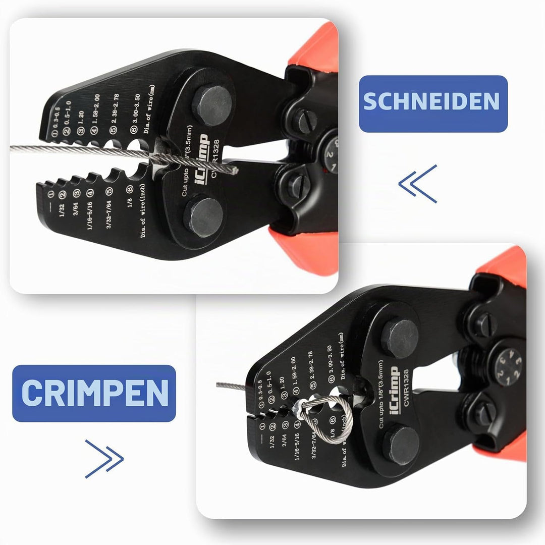 iCrimp CWR1328 Drahtseil Crimpzange Set 0,3–3,5 mm mit 375 Hülsen | Crimpwerkzeug für Drahtseile 0,3