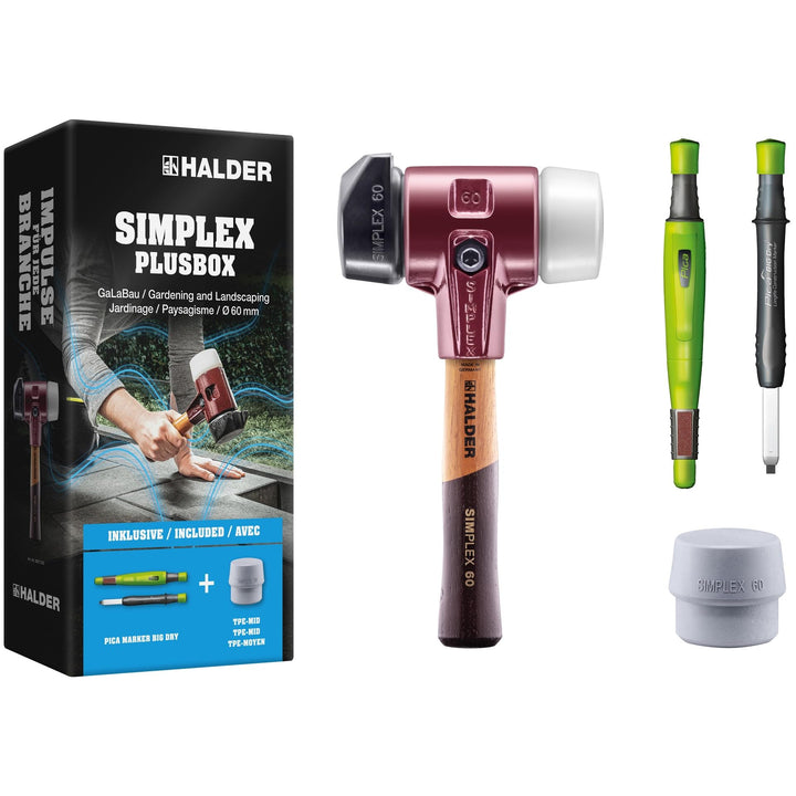 SIMPLEX-Plusbox GaLaBau ∅60, SIMPLEX-Schonhammer D60, Gummikomposition, mit Standfuss/Superplastik s