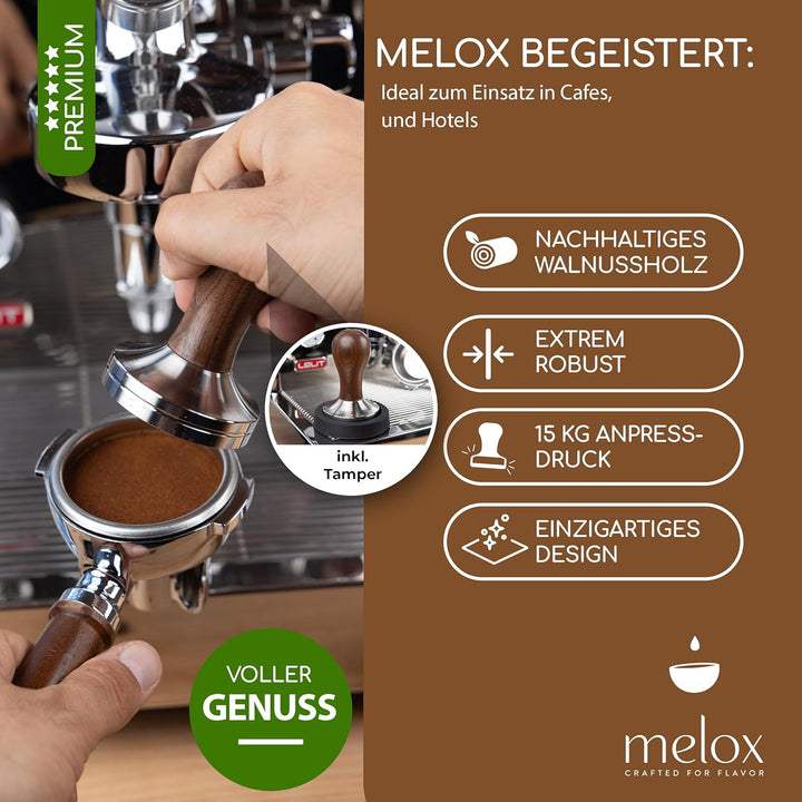 MELOX® - Premium Barista Tamper 58mm aus Edelstahl & Walnussholz (Klassisch) - Kaffee-Stampfer & Kaf