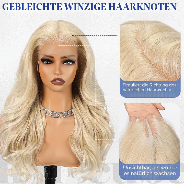 HAIRCUBE 13x6 HD Synthetische Lace-Front-Perücke, 24 Zoll Platinblond Lange Lockige Stufenperücken,