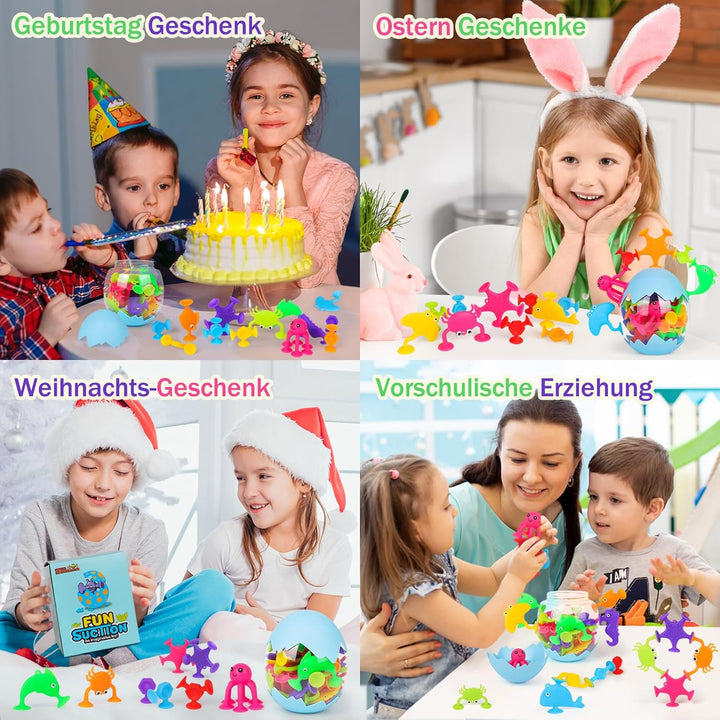 Saugnapf Spielzeug, 50 Stück Sensorik Silikonbausteine Saugspielzeug, Badespielzeug Baby ab 3 Jahre