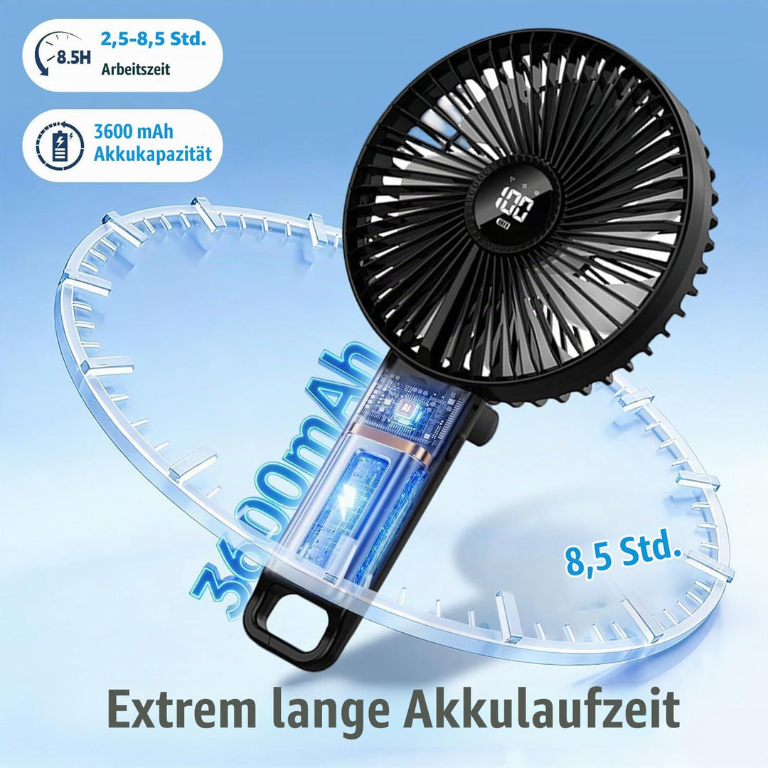 VanSmaGo Handventilator Akku Aufladbar, 5 Stufen USB Fan (Full Black) | Tisch/Hand/Reise, 8,5 Std. A