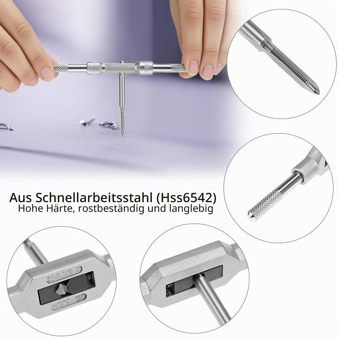 QWORK® 11 Stück Gewindebohrer-Bit-Set – HSS-Gewindebohrer M1–M3,5 mit verstellbarem Windeisen – Prof