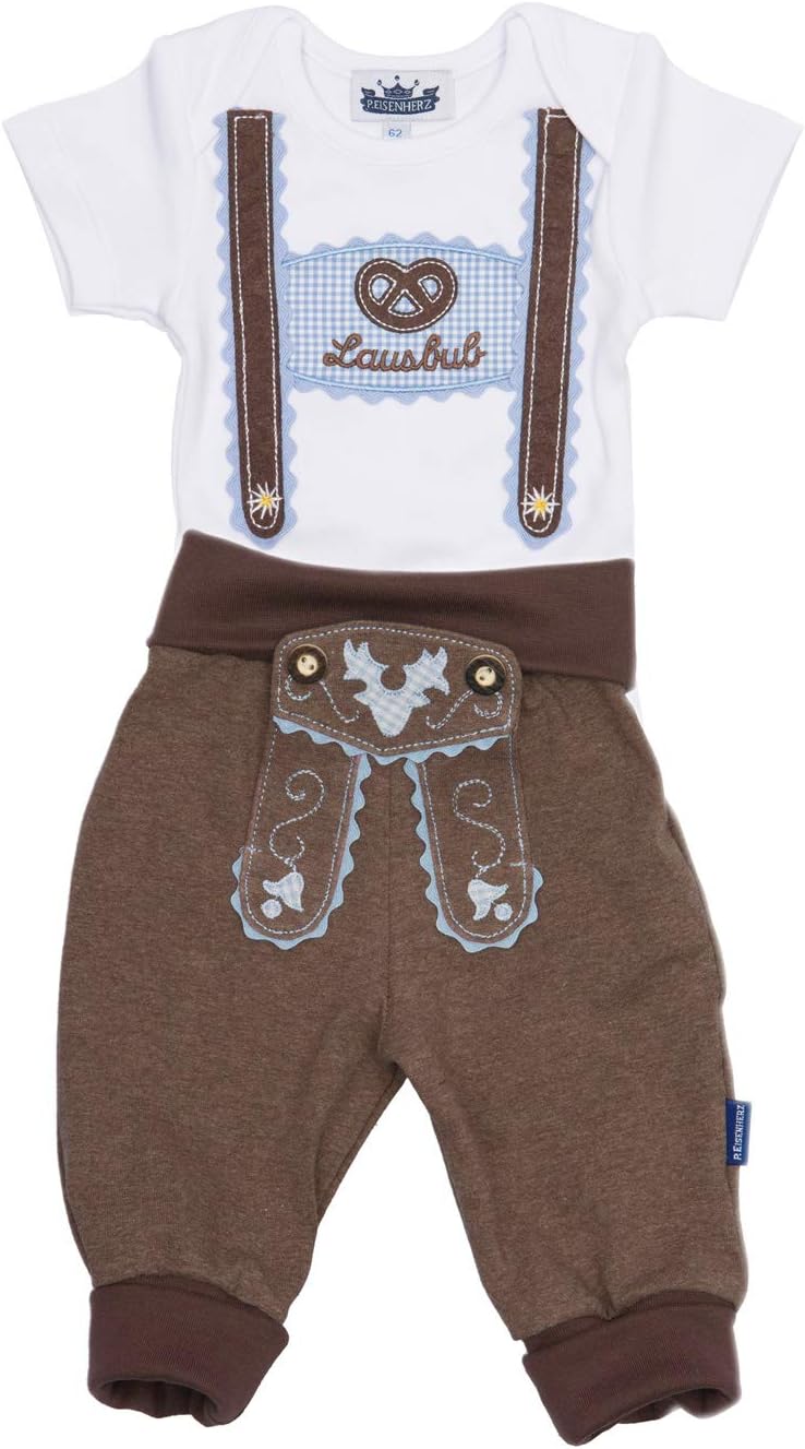 Trachten Set für Lausbuben in Grösse 74, bestehend aus Baby Body mit kurzem Arm und Applikation Hose