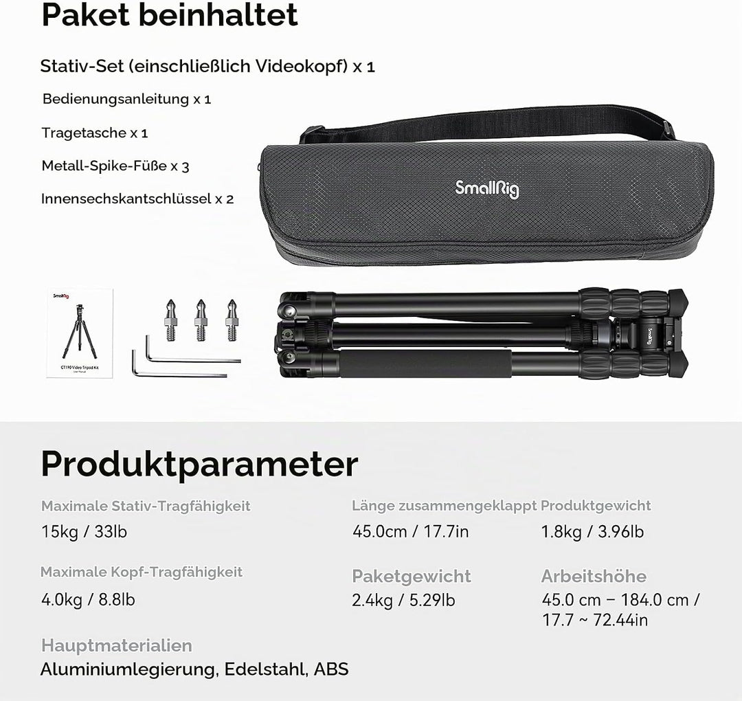 SMALLRIG 72 Zoll Videostativ, Fluidkopf mit Nivellierbasis, Einbeinstativ professionelles Videostati