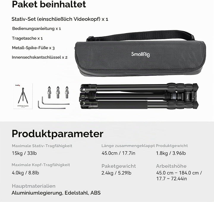 SMALLRIG 72 Zoll Videostativ, Fluidkopf mit Nivellierbasis, Einbeinstativ professionelles Videostati