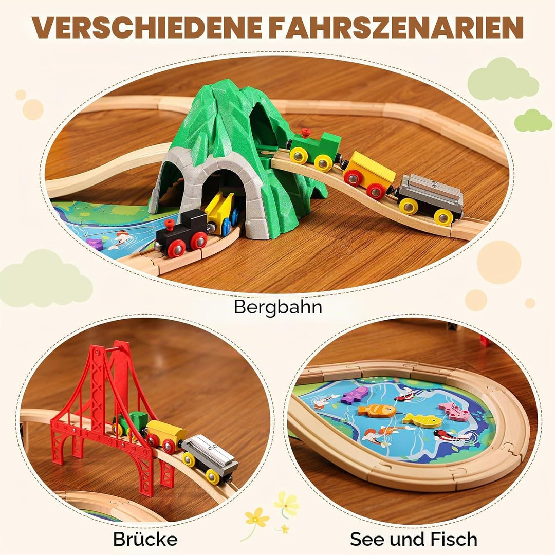 SainSmart Jr. Holzeisenbahn Set 112 Teile, Brücke &amp; Tunnel, Kompatibel Brio