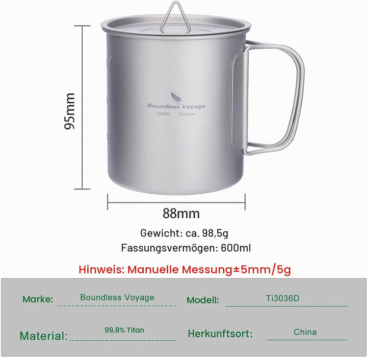 iBasingo 600ml Camping Becher Outdoor Tasse Titan Trinkbecher Mug mit Deckel &amp; Klappgriff Ultraleich