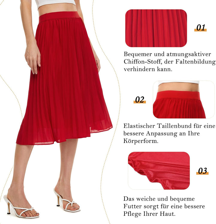 Durio Midirock Damen Faltenrock Plissee Damenrock Sommerrock Leicht Casualrock Chiffon Röcke A-Linie