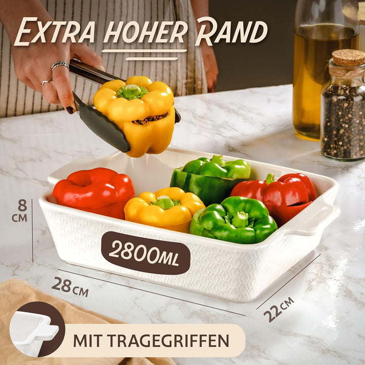 Auflaufform Gross aus Keramik - Für Lasagne, Tiramisu & Auflauf - Extra Hoher Rand - Eckig - Weiss,