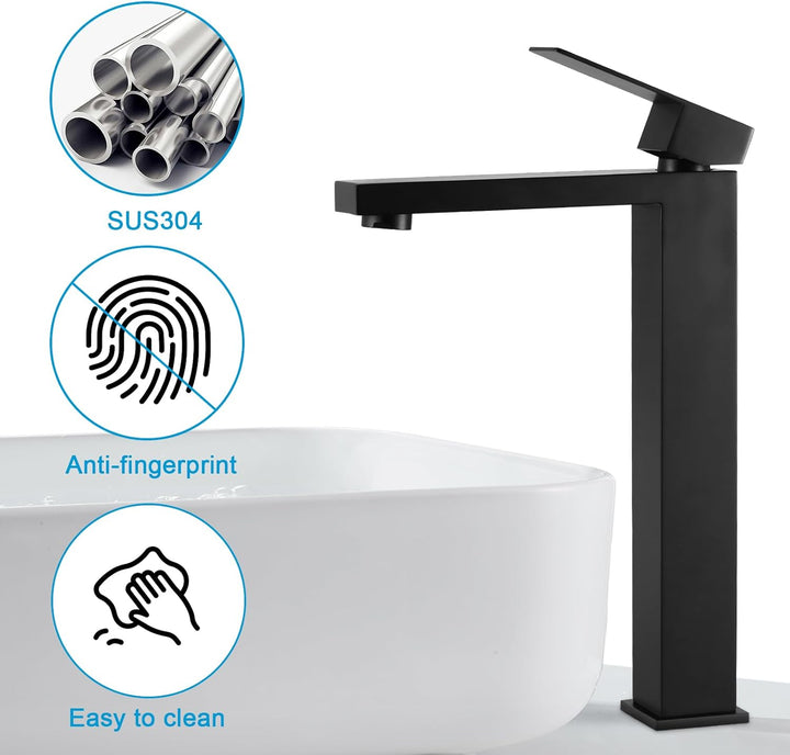 BONADE Waschtischarmatur Schwarz Hoch, Wasserhahn Bad Schwarz, 24cm hohem Auslauf waschbeckenarmatur