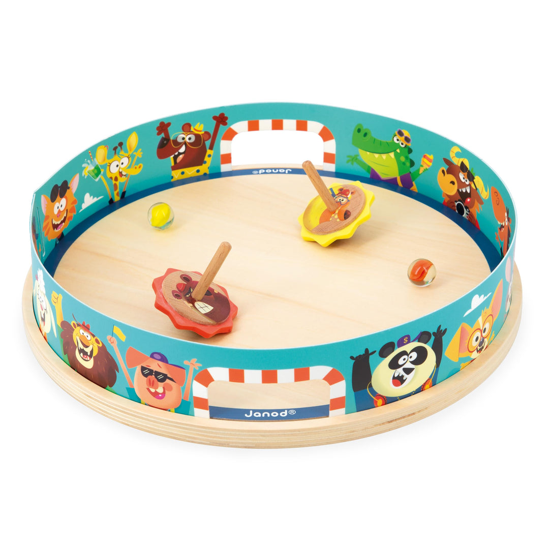 Janod - Kreisel-Arena Applepop - Geschicklichkeitsspiel für Kinder - 1 Arena + 2 Kreisel mit Startvo