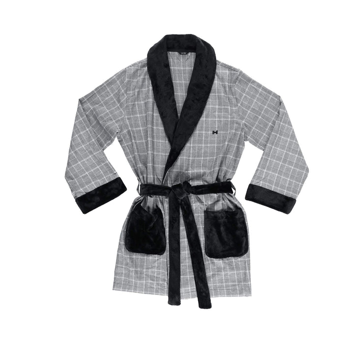 HOM Herren Bademantel 'Benjamin' Wellness Hausmantel kariert L Schwarz, L Schwarz