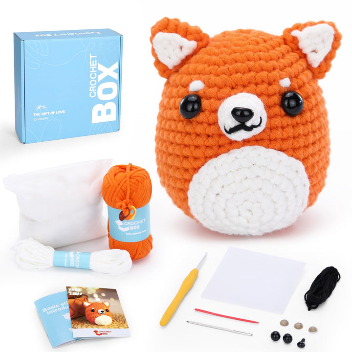 CrochetBox Komplettes Häkelset für Anfänger, Shiba Inu Häkelset, Video-Tutorial einbeziehen, Anleitu