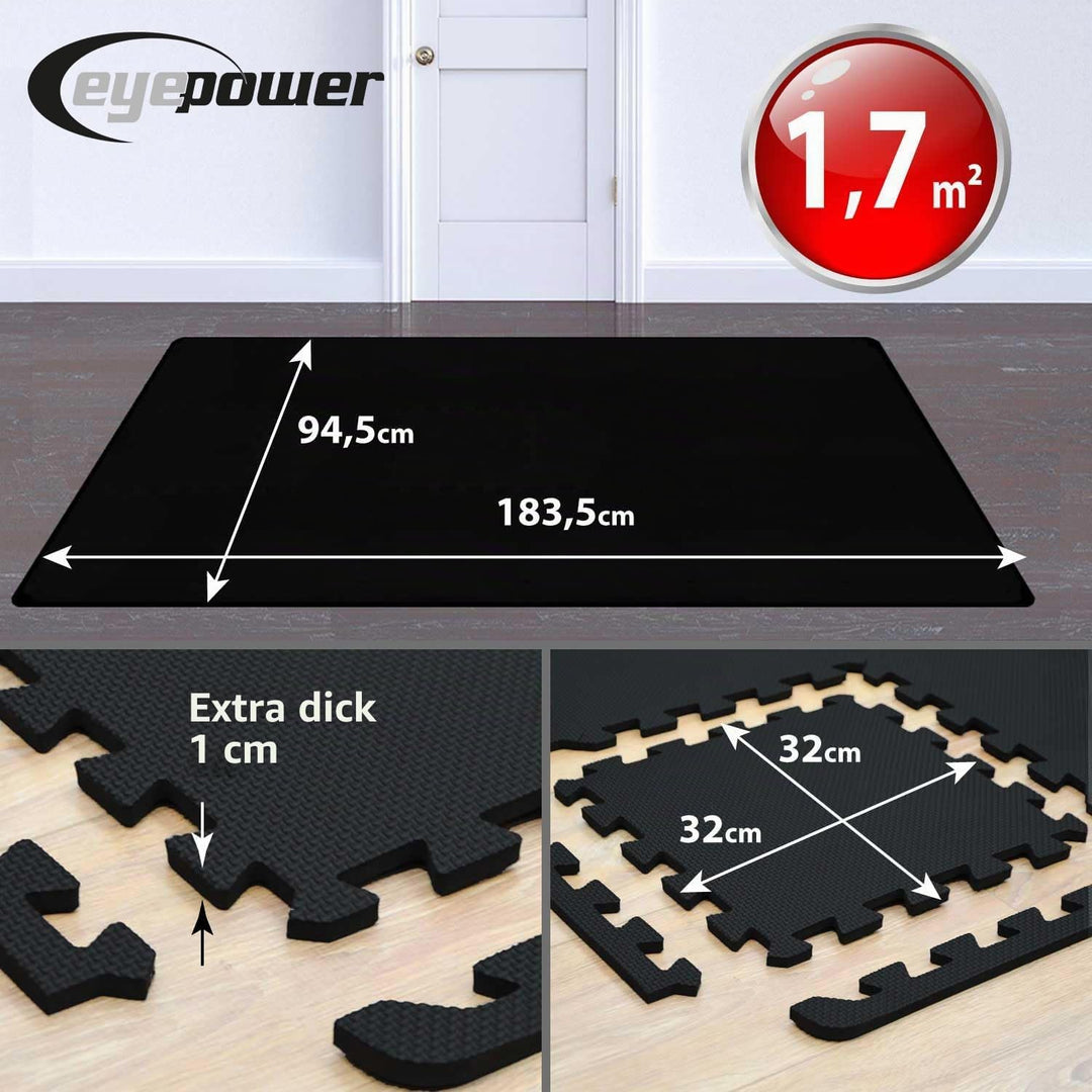 eyepower 1.7qm Bodenschutzmatte Fitness - 18 Bodenplatten 30x30 - Homegym Fitnessmatte - Bodenmatten