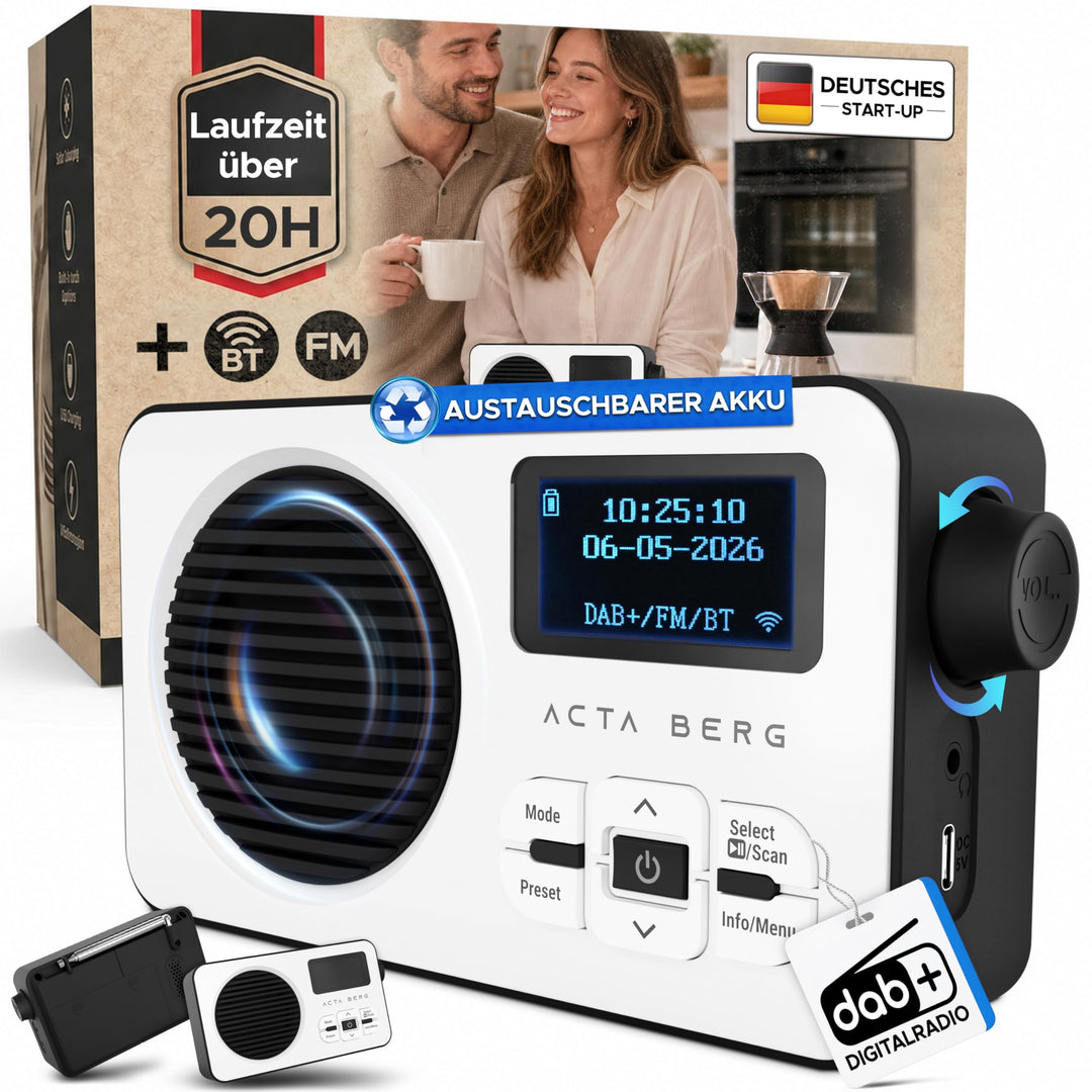 Acta Berg DAB Radio mit Akku 5000mAh austauschbar | Küchenradio mit BT 5.3 | DAB+/UKW-Radio | Digita