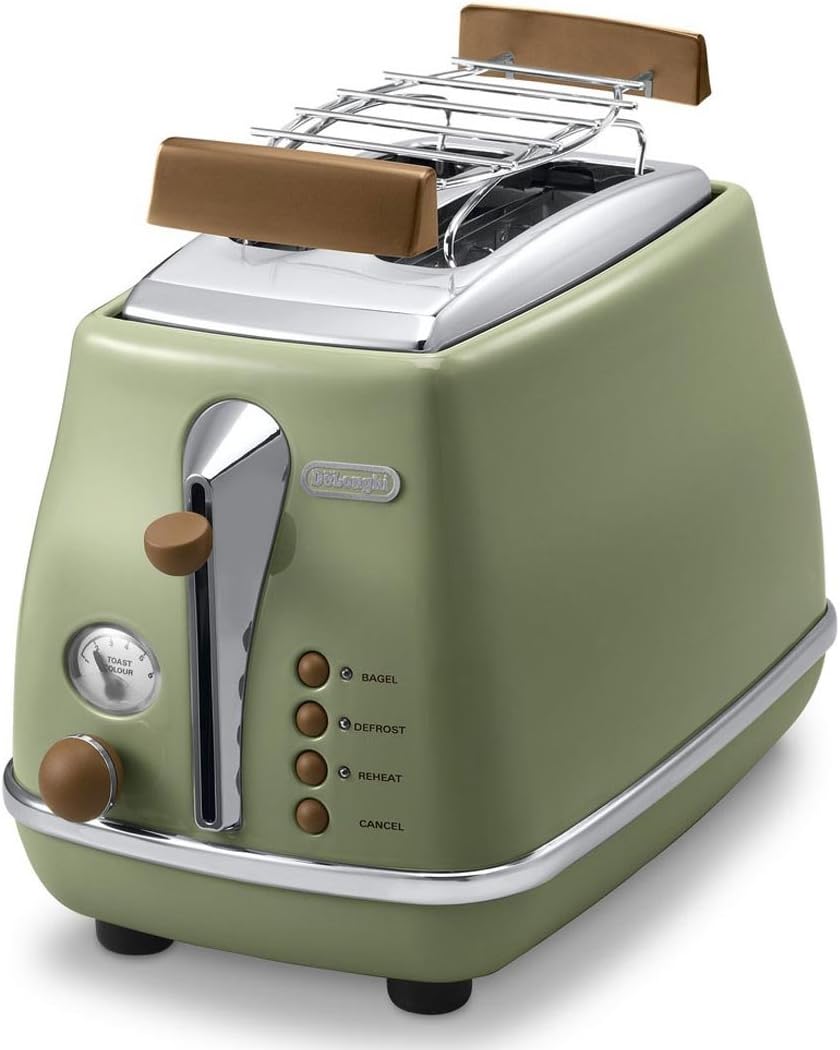 De'Longhi Toaster Icona Vintage CTOV2103.GR - 2-Schlitz-Toaster mit Brötchenaufsatz, grün & De'Longh