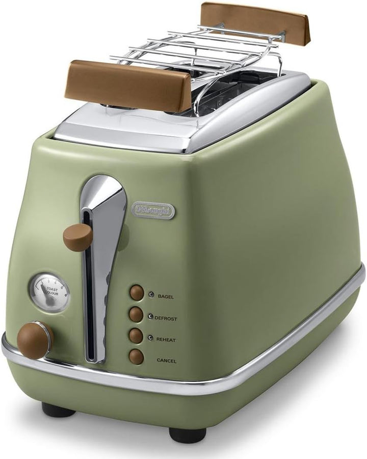De'Longhi Toaster Icona Vintage CTOV2103.GR - 2-Schlitz-Toaster mit Brötchenaufsatz, grün & De'Longh
