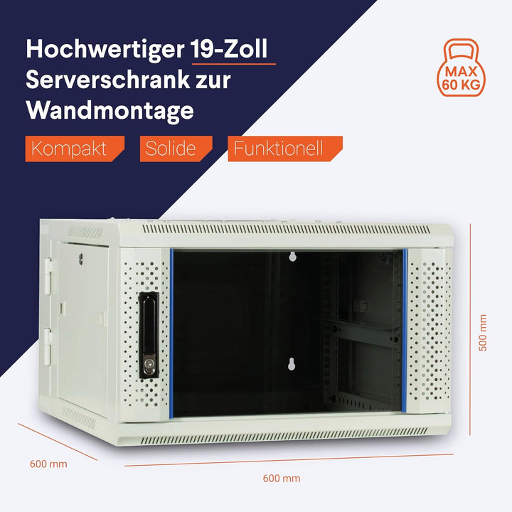 9HE Netzwerkschrank (Serverschrank) 19 Zoll wendbares Wandgehäuse mit Glastür - Weiss (BxTxH) 600 x
