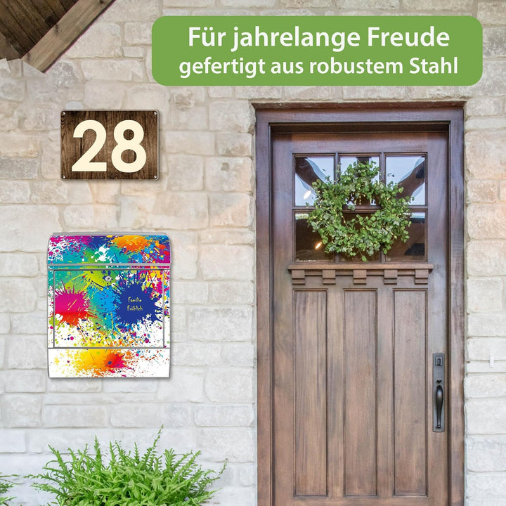 banjado® Design Briefkasten personalisiert mit Motiv Farbspritzer 39x47x14cm & 2 Schlüssel - Briefka