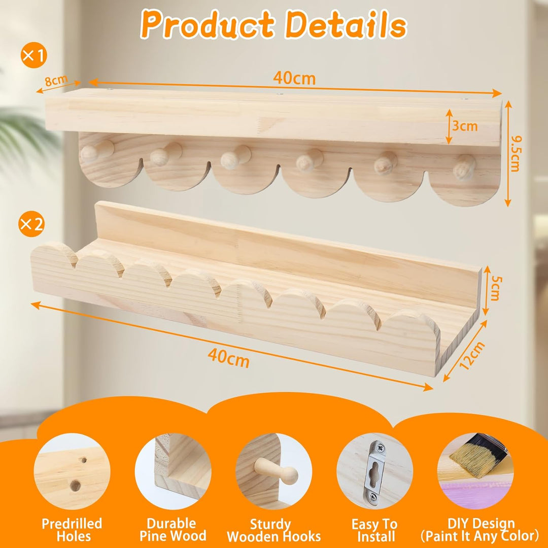 Wandregal Holz Kinderzimmer, 3PCS Bücherregal Kinder Wand mit Holzhaken,Schweberegal ideal für Büche