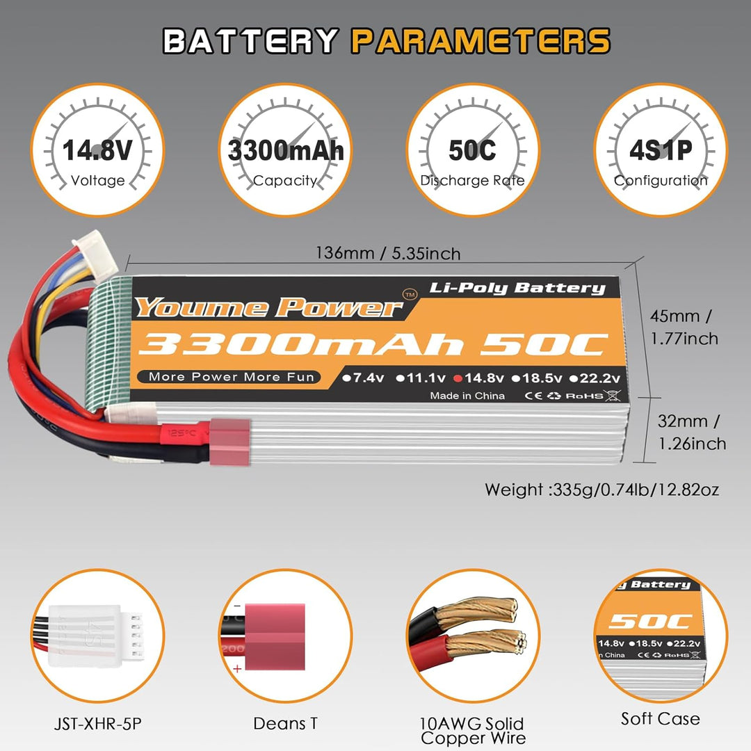 Lipo 4S Batterie, 14,8V 3300mAh Lipo Batterie Pack 50C mit T Stecker für RC Hubschrauber Flugzeug Bo
