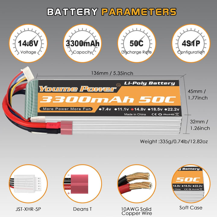 Lipo 4S Batterie, 14,8V 3300mAh Lipo Batterie Pack 50C mit T Stecker für RC Hubschrauber Flugzeug Bo