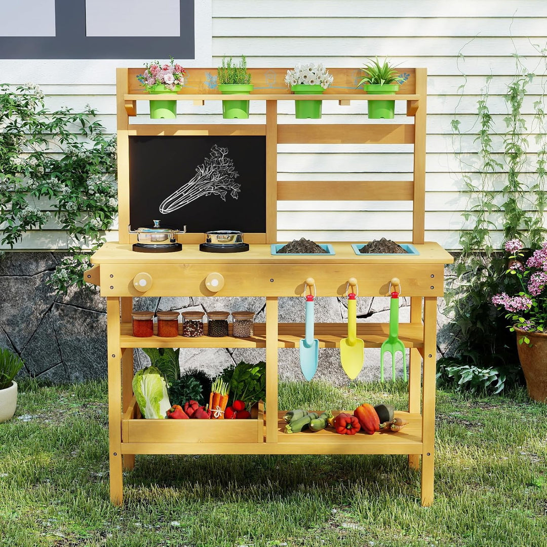COSTWAY Matschküche Kinder Outdoor, Kinderküche mit Tafel, Wasserhahn, Spülen, Blumentöpfen & Garten