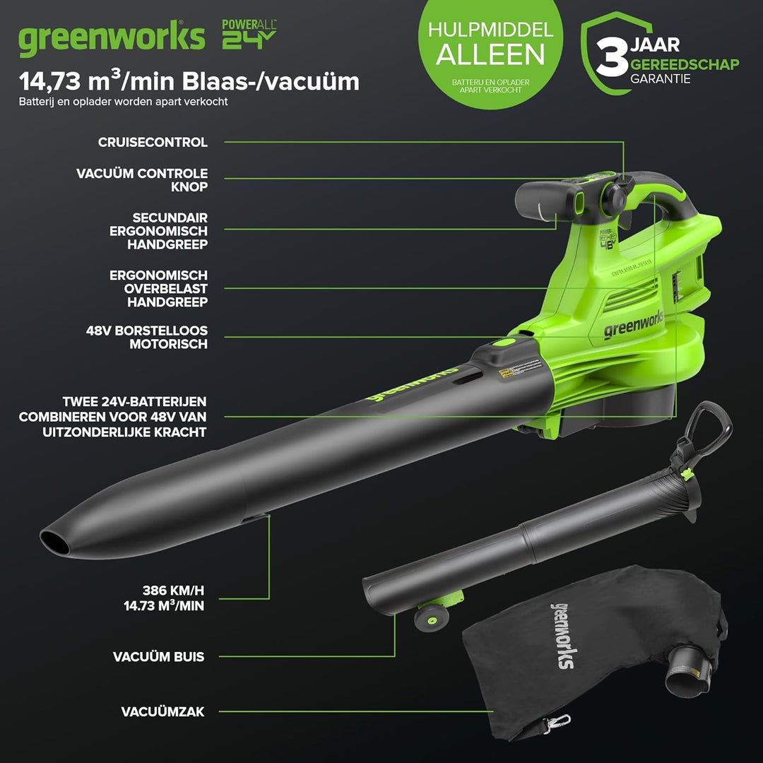Greenworks 48V(24V x 2) Akku Laubsauger - Laubbläser mit Schultergurt, bürstenlosem Motor, 386 km/h,