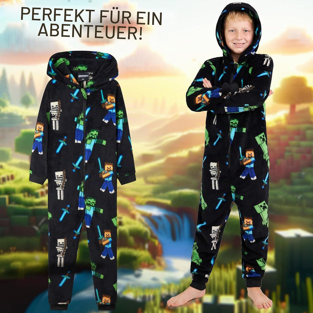 Minecraft Onesie Creeper Fleece Jumpsuit Sleepsuit Gamer Geschenk Schlafoverall mit Kapuze für Junge
