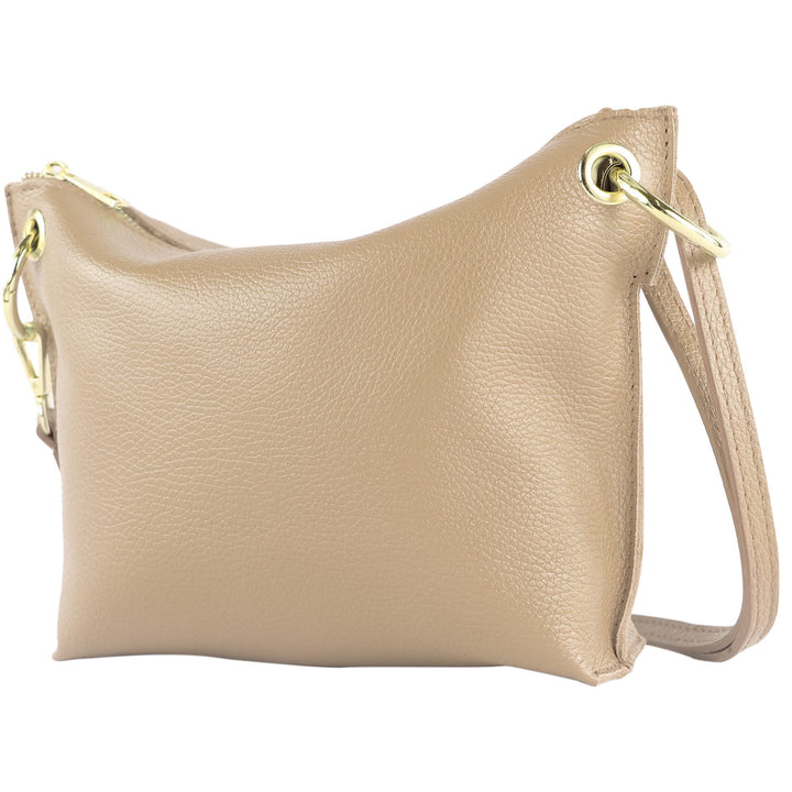 modamoda de - T243 - ital. Umhängetasche Klein Small aus Leder Graubeige, Graubeige