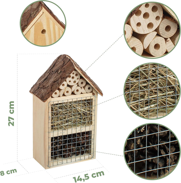 BOGATECO Bienenhotel Insektenhotel - unbehandelt, Bienenhaus aus Massiv-Holz für Bienen, Marienkäfer
