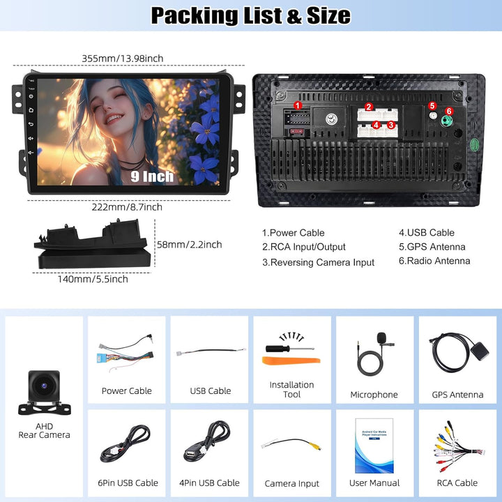 6+128G 9 Zoll CAMECHO Navi Autoradio für Suzuki Splash Ritz/Opel Agila 2004-2014 mit Rückfahrkamera,