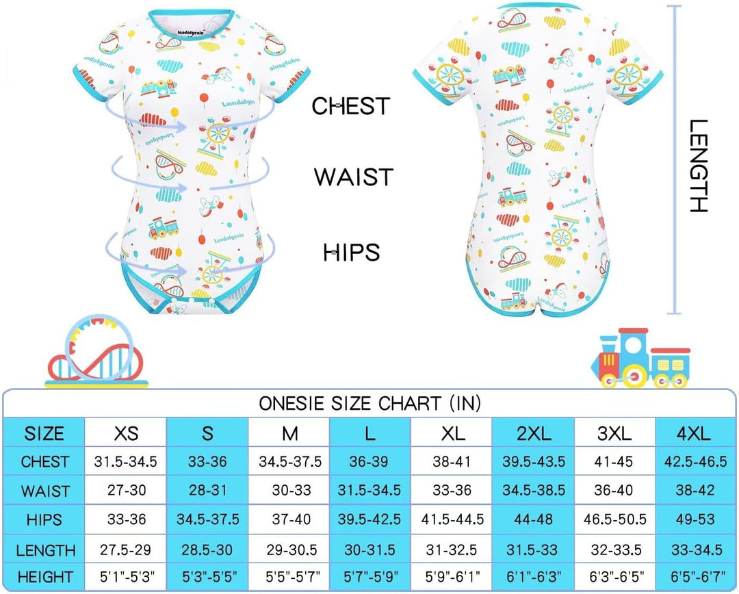 Landofgenie Damen Bodysuit Baumwolle Onesie Nette Print Pyjamas Nachtwäsche Blau Vergnügungspark Bla