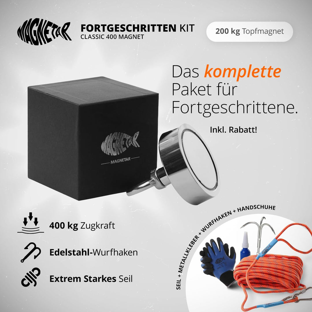 Magnetfischen Set - Einseitig 400kg Bergemagnet - Magnetangel Paket mit Topfmagnet/Seil/Haken/Handsc