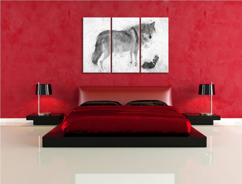 prächtiger Wolf im Schnee schwarz/weiss Deluxe 3-Teiler Leinwandbild 120x80 Bild auf Leinwand, XXL r