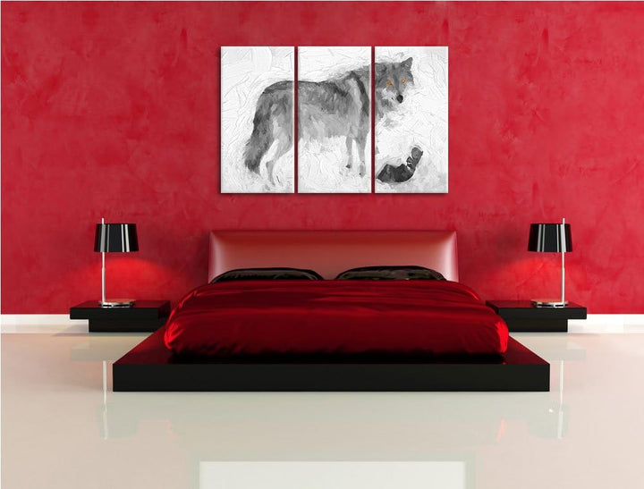 prächtiger Wolf im Schnee schwarz/weiss Deluxe 3-Teiler Leinwandbild 120x80 Bild auf Leinwand, XXL r