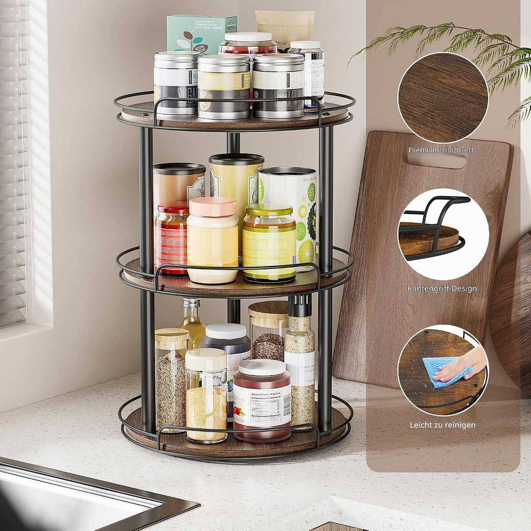 LAMU Lazy Susan Drehteller-Organizer aus Holz für Schrank, 3 Etagen, Lazy Susan Gewürzregal für Küch