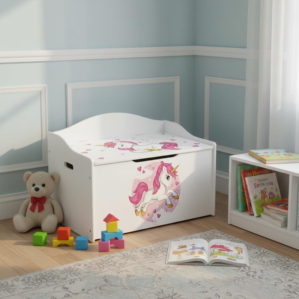 Leomark Kinderbank Hölzerne - UV-Druck: Rosa Einhorn - Kindertruhenbank, Behälter für Spielzeug, Tru