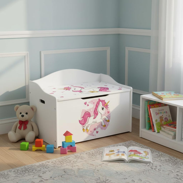 Leomark Kinderbank Hölzerne - UV-Druck: Rosa Einhorn - Kindertruhenbank, Behälter für Spielzeug, Tru