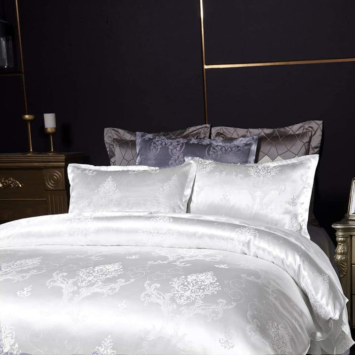 DXHOME Seiden Bettwäsche Satin 155x220 cm 3teilig Weiss Jacquard Wendebettwäsche Seide mit Weiss Blu
