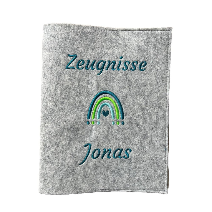 Personalisierte Zeugnismappe A4 aus Filz | Bunter Regenbogen| hochwertig bestickt | Schulkind | Gesc
