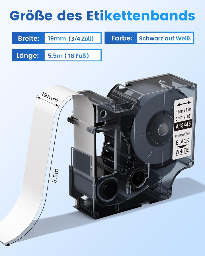 4x Selbstklebendes Industrie Vinyl Weiss Kompatibel mit Dymo Rhino 18445 | 19 mm × 5,5 m Schwarz auf