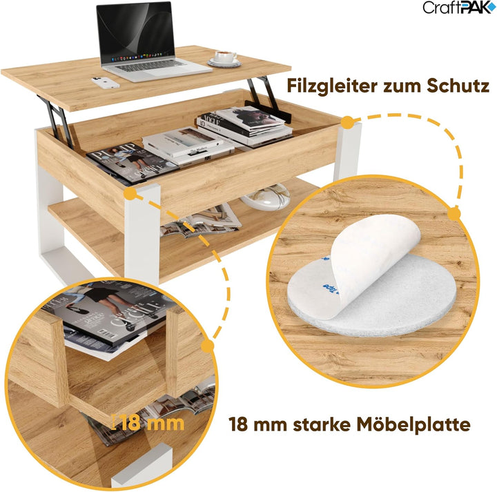 Couchtisch höhenverstellbar mit Stauraum - Couchtische - Wohnzimmertisch klappbar - höhenverstellbar
