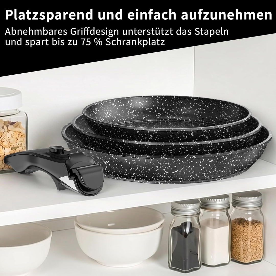 Kiseely Pfannenset mit Abnehmbarer Griff,Bratpfanne mit Antihaft beschichtung,Cool-Touch Handles Sui